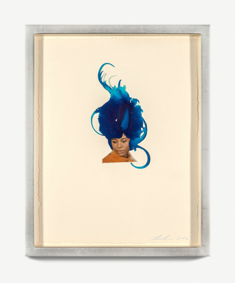 collage of woman's face with an ink wash of blue hair