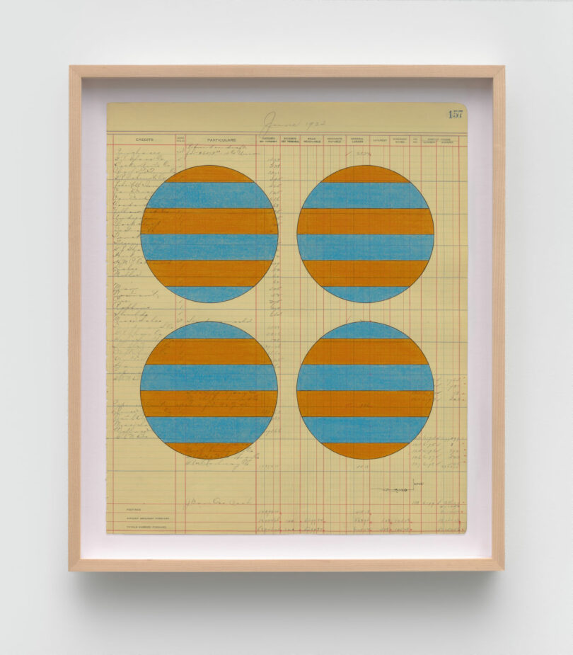 Geometric drawing of circles on antique ledger paper