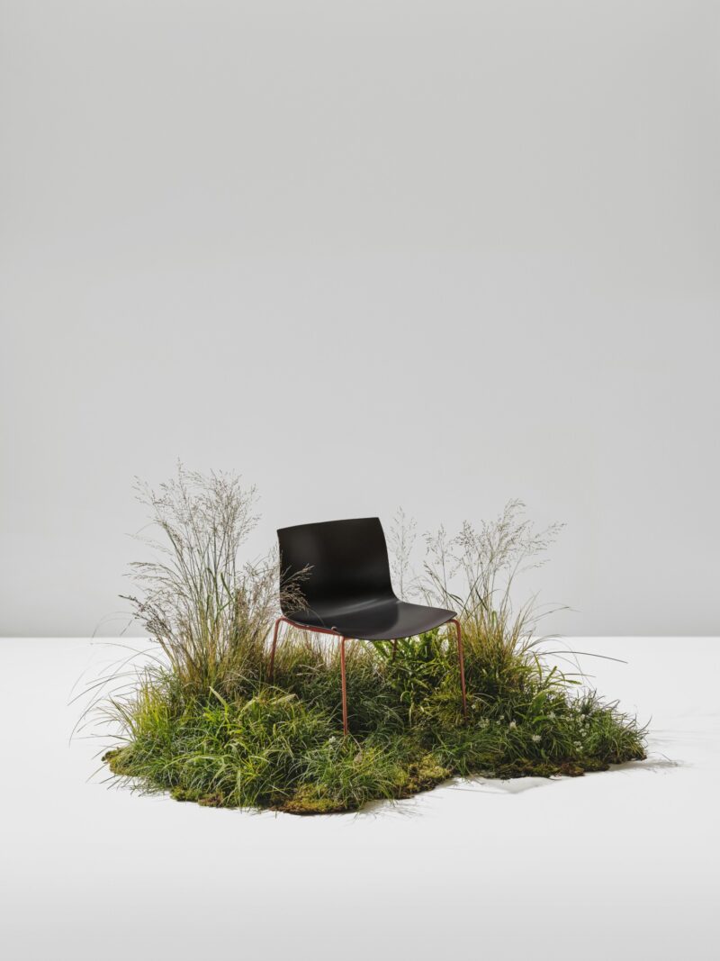 Minimalist black chair with slim red legs placed on a patch of live grass in a clean white studio setting.