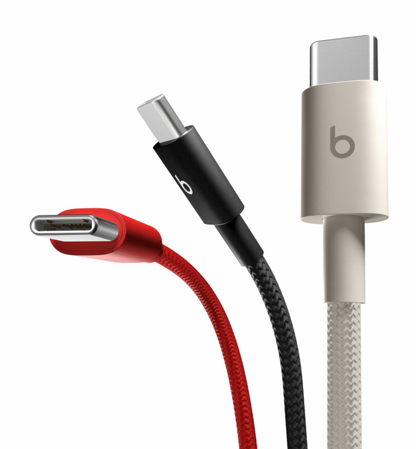 Three USB-C cables in red, black, and beige—each featuring braided textures and unique connector designs—are displayed against a white background, offering durability and style that pair perfectly with your Beats devices.