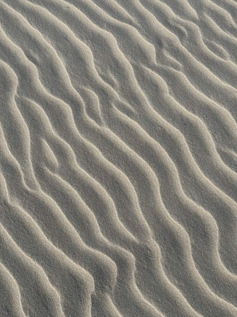 Close-up of rippled patterns in light-colored sand, formed by wind or water movement, reminiscent of the natural textures often captured by Neil Ferrier.