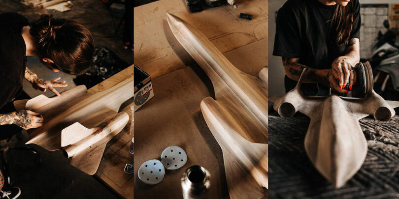 Neil Ferrier carefully assembles and sands a wooden aircraft model, with tools and sanding discs neatly arranged on the work surface.