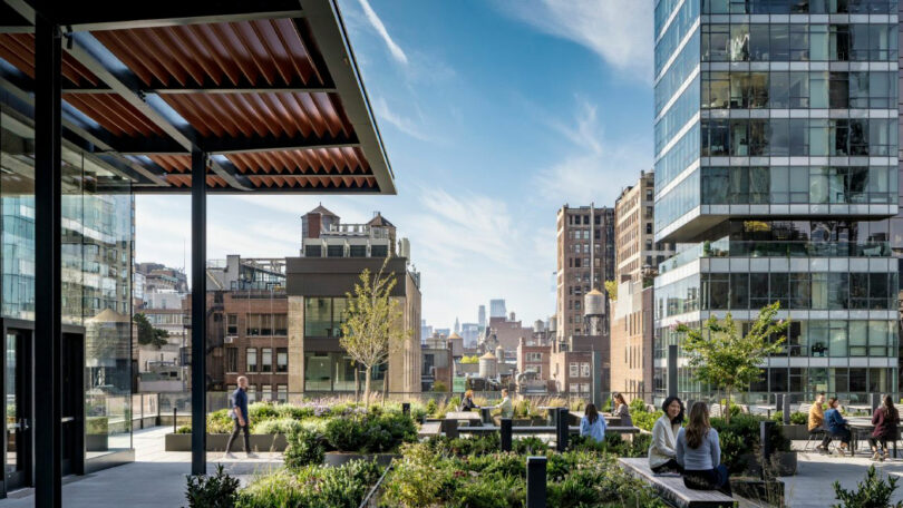 People sit and talk at tables on a rooftop garden surrounded by modern glass buildings, with a cityscape visible in the background under a blue sky.