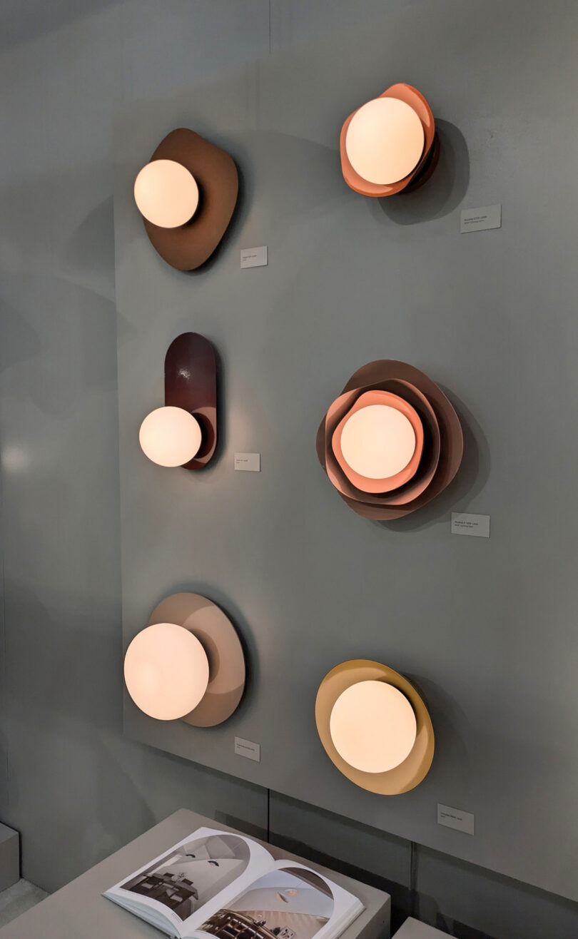 A display of six modern wall-mounted light fixtures in various shapes and colors is mounted on a gray wall above an open book with photographs.