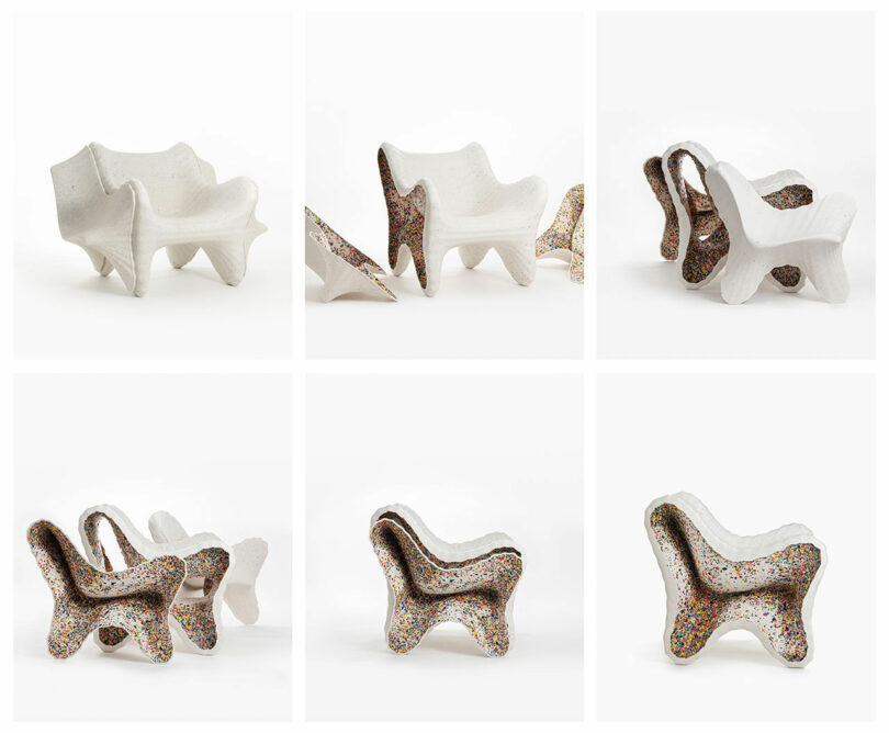 Six images show sculptural chairs with organic, wavy shapes; some are solid white, others have a speckled, multicolored surface. Inspired by In-Side Thomas Heatherwick, the chairs are photographed from different angles.