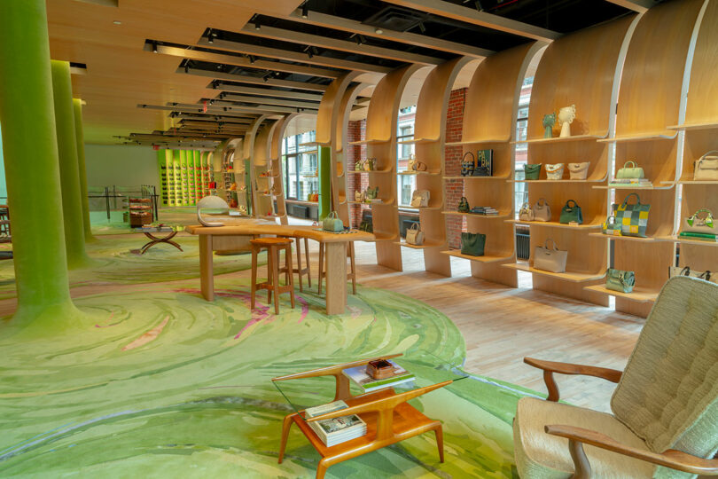 Modern retail store interior with curved wooden shelves displaying handbags, green patterned carpet, lounge chairs, and large windows providing natural light.