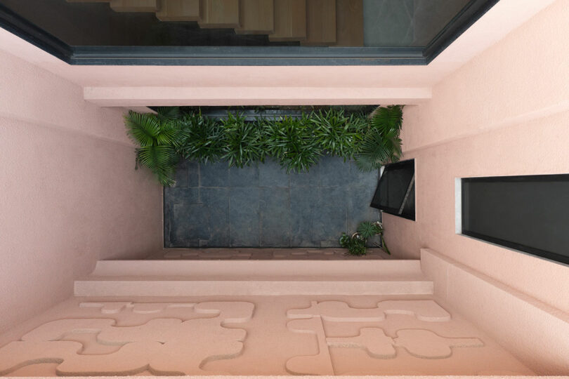 A view looking down into a small courtyard with pink textured walls, a stone floor, green potted plants, and large windows.