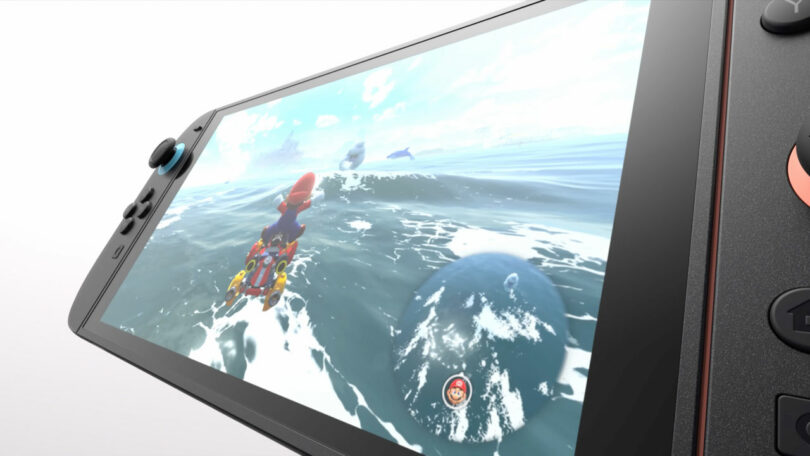 A close-up of a Switch 2 handheld gaming console screen displaying a water scene from a video game, featuring a character riding a watercraft.