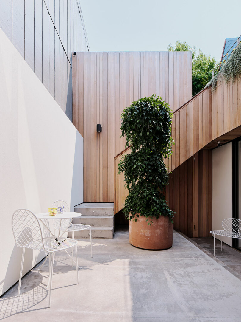 A modern outdoor patio with a white wire table and chairs, a large potted plant, wooden panel walls, and a staircase leading up.