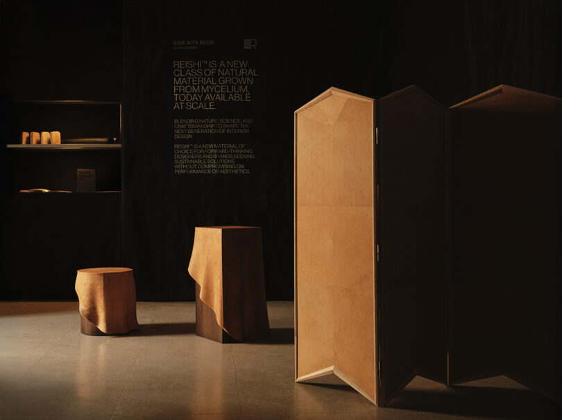 A dimly lit room displays geometric wooden furniture, including a partition and stools, with a sign about Reishi, a natural material made from mycelium, on a black wall in the background.