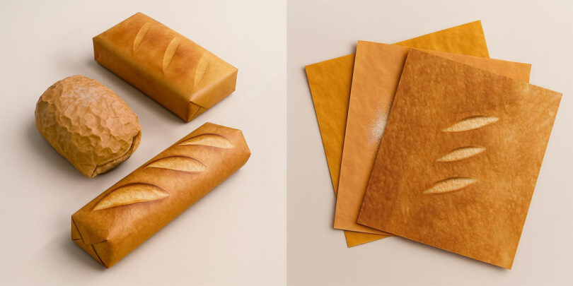 Three loaves of bread-shaped objects and two rectangular sheets are shown; they all appear to be wrapped in realistic bread-textured paper.