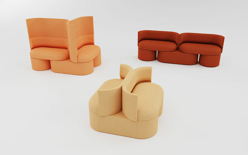 Three modern, geometric sofas in shades of orange and beige are arranged on a white background. Each sofa has rounded, segmented cushions and tall, curved backrests.
