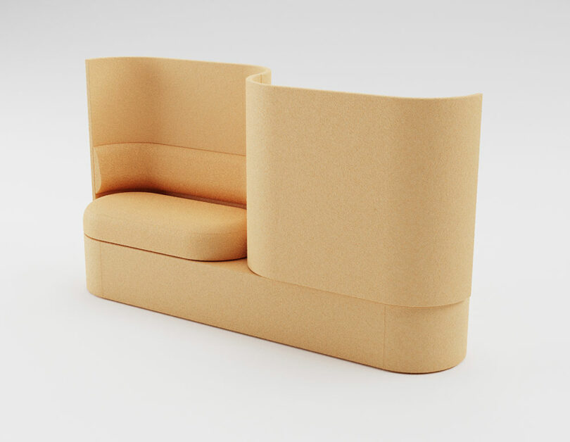 A modern beige sofa with a high, curved backrest and side panel, designed for privacy and comfort, set against a plain white background.