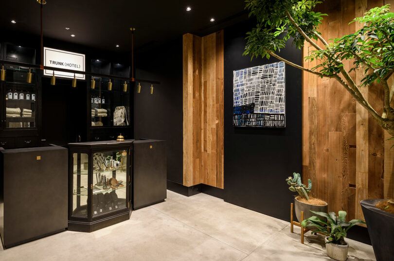 The modern lobby of the hotel, with black walls, wooden panels, a glass showcase, pots in pots and abstract wall art. The Trunk (Hotel) Cat Street sign is visible, adding to the elegant and contemporary atmosphere
