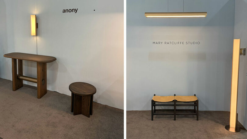 Two images from Wanted Design 2025 highlight minimalist furniture displays: the left features a table, stool, and wall light; the right shows a bench, floor lamp, and wall lamp below "MARY RATCLIFFE STUDIO" signage.