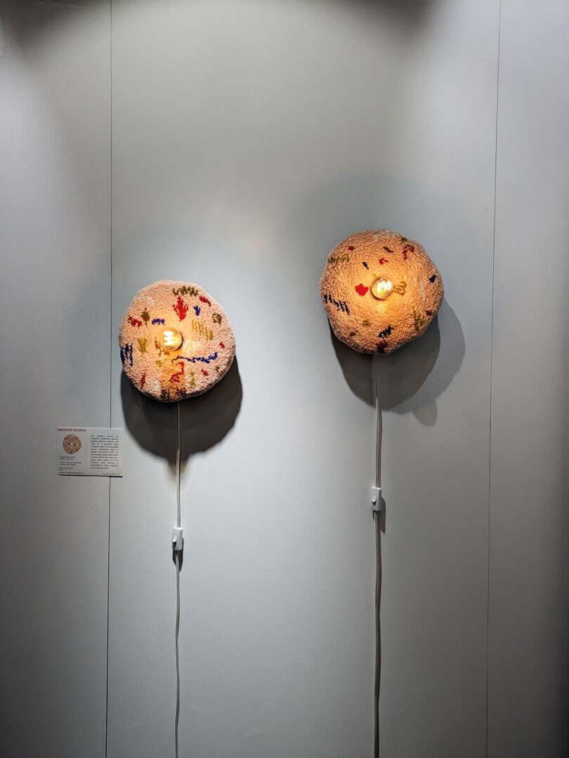 Two round, textured wall lamps with exposed bulbs are mounted on a white wall, each with a visible cord hanging down to a plug.