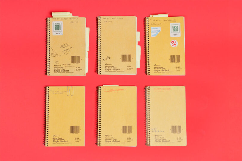 Six brown spiral notebooks with labels and handwriting are arranged in two rows on a solid red background.
