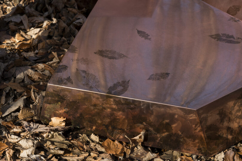 Close-up of a leaf impression on a copper table