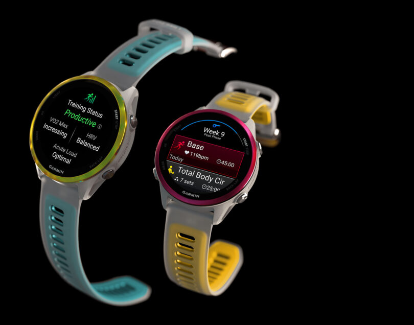 Two Garmin smartwatches display comprehensive fitness tracking data, including Garmin training status and workout details, against a sleek black background.