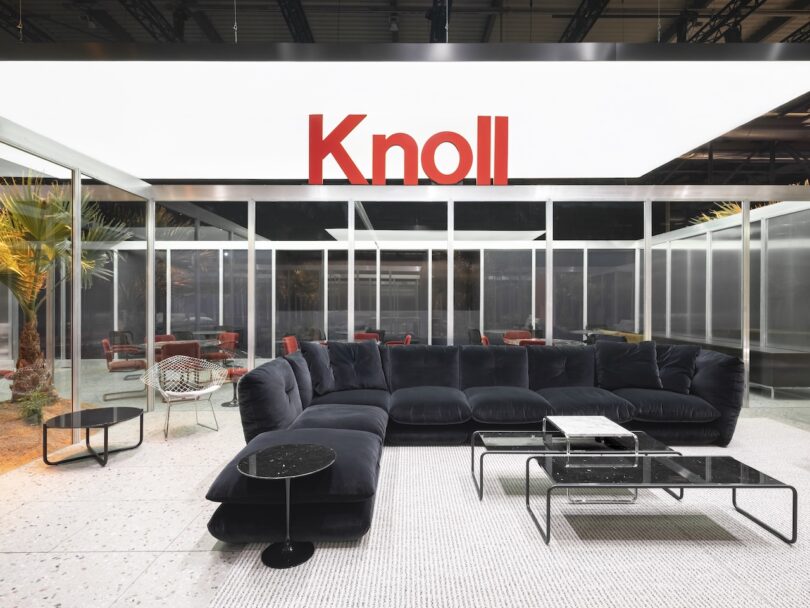 A modern showroom displays a large black sectional sofa with glass coffee tables under a bright sign reading "Knoll," featuring minimalist decor and glass walls