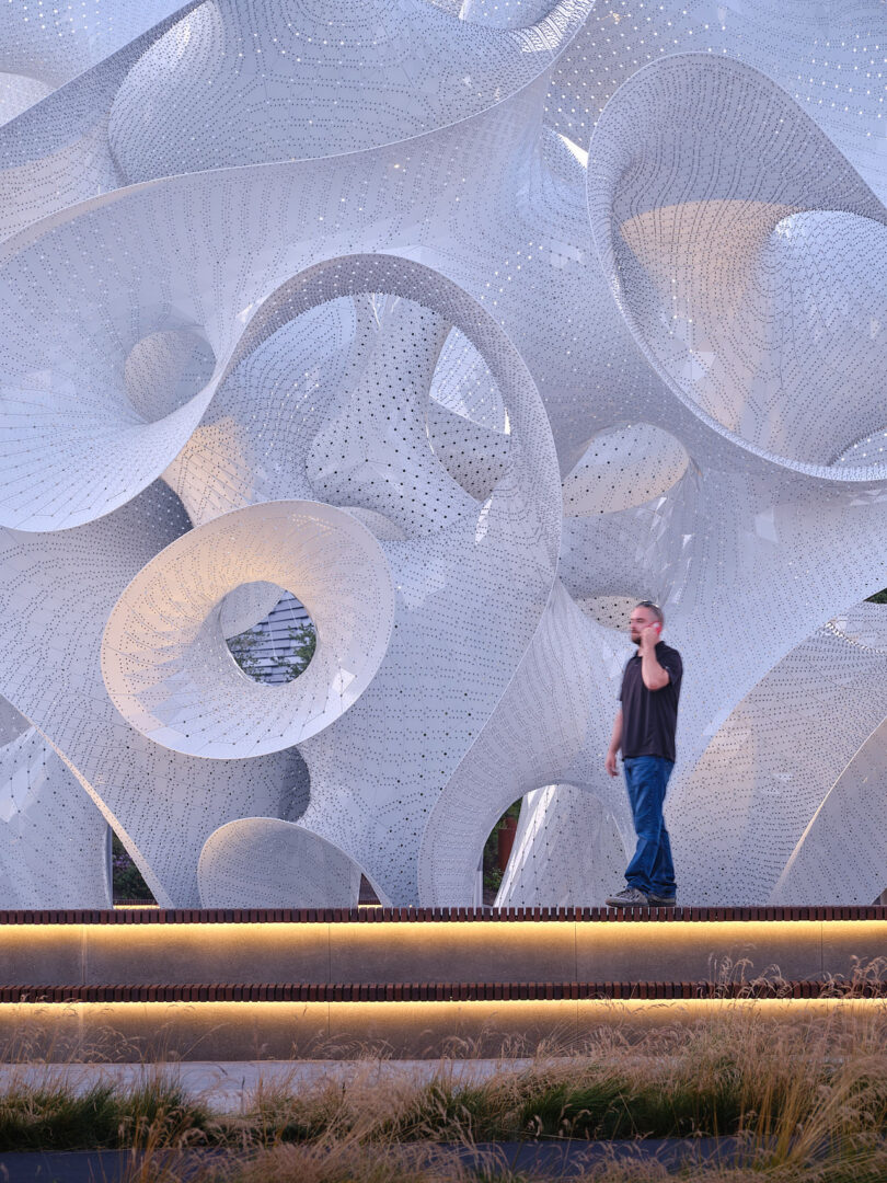 A person stands on a walkway in front of a large, intricate sculpture made of perforated metal loops and curves