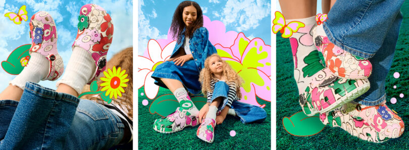 Three photos show people wearing colorful, cartoon-patterned clogs with jeans and white socks, sitting or standing on grass with illustrated floral and butterfly backgrounds