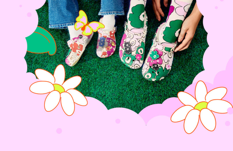 Three people wearing colorful, flower-patterned shoes stand on green grass, surrounded by illustrated flowers and butterflies on a pink border
