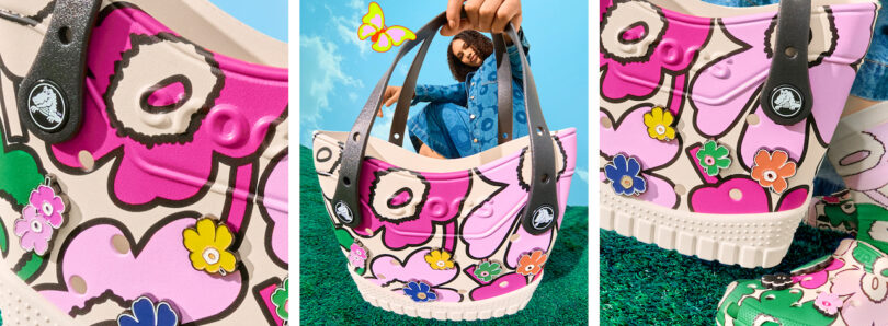 A pink and beige floral-patterned tote bag with black handles is shown close-up and being held by a person against a bright blue sky