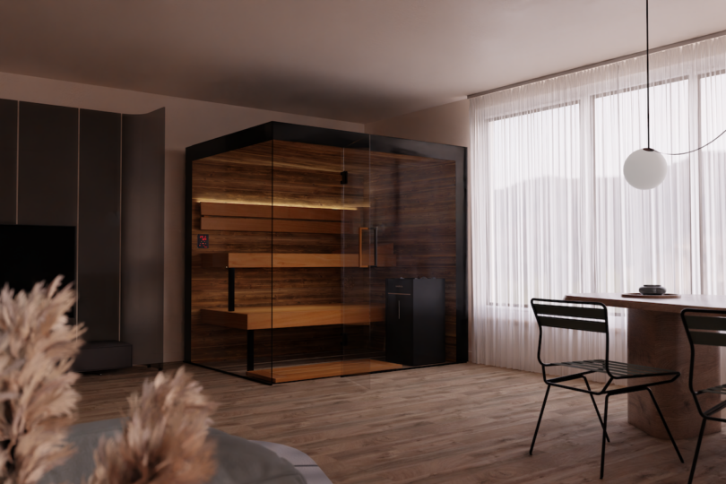 Modern room with wooden floors and large windows, featuring a glass-enclosed sauna in the corner, a dining table with two chairs, and minimal decor