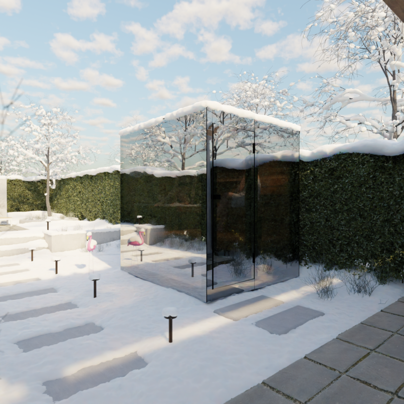 A mirrored glass cube structure with Thermasol features sits in a snow-covered garden, surrounded by stone paths, hedge walls, and bare trees on a sunny winter day