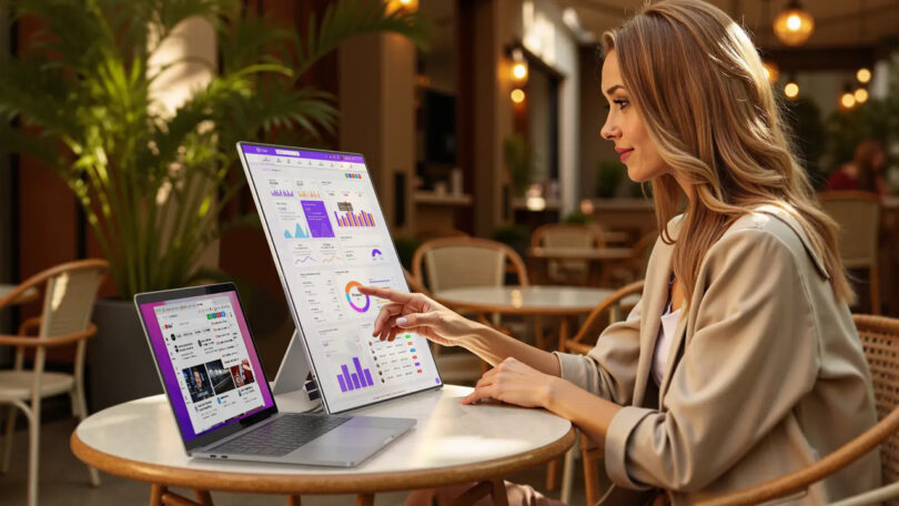 A woman sits at a round table in a cafe, using a laptop and a large external monitor displaying graphs and data charts.