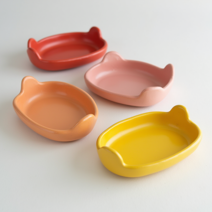 Four small ceramic dishes shaped like cat heads in red, pink, orange, and yellow, arranged on a white surface