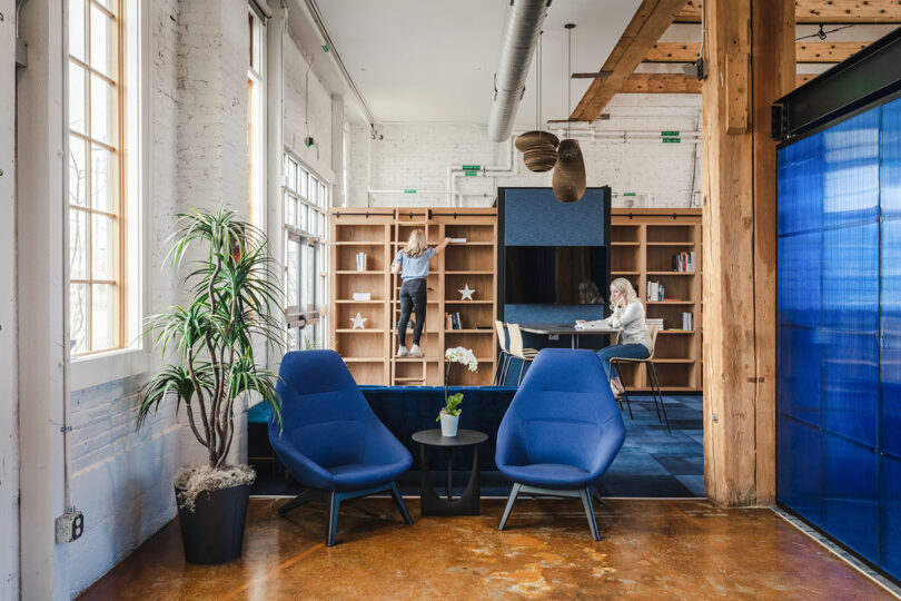 Modern office space with blue armchairs, wooden shelves, a potted plant, and people working; an Astroscale team member stands on a ladder while another sits at a table.