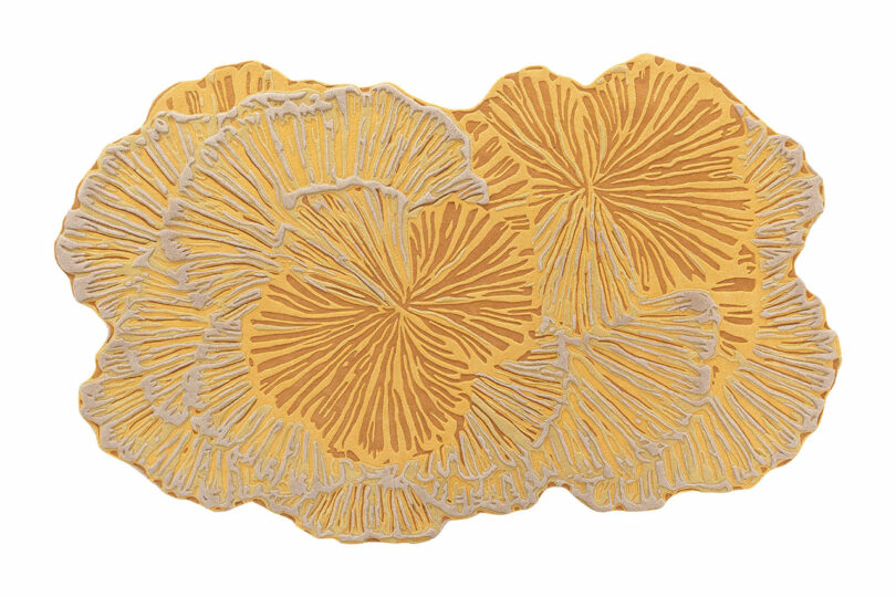 Yellow and beige abstract rug inspired by Botanica Bodo Sperlein, featuring a design resembling overlapping, radiating fan shapes or ginkgo leaves.