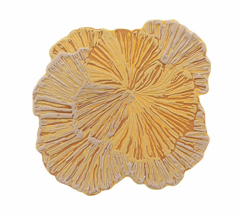 Yellow and beige textured rug in an abstract, organic shape resembling a flower or fungus, with radiating lines and layered appearance from the Botanica Bodo Sperlein collection.