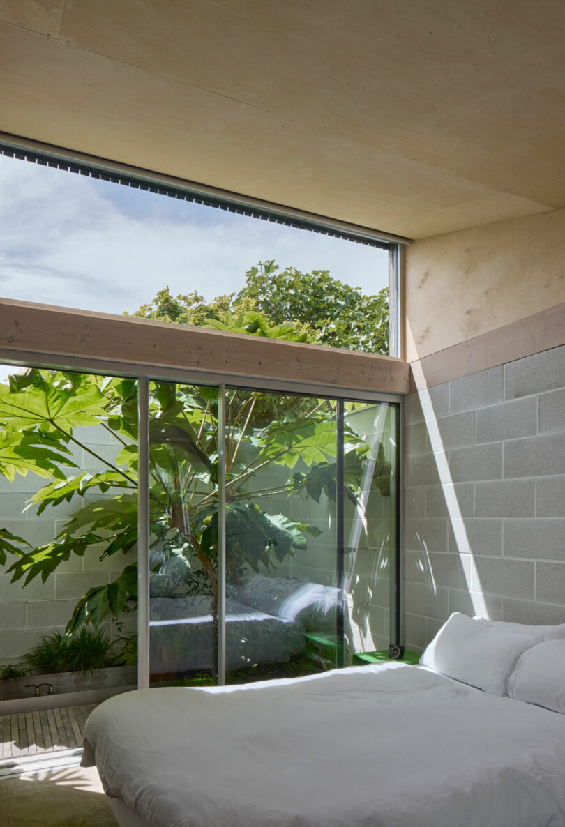 A minimalist bedroom with a white bed, concrete block walls, large windows, and a view of lush green plants and trees outside.