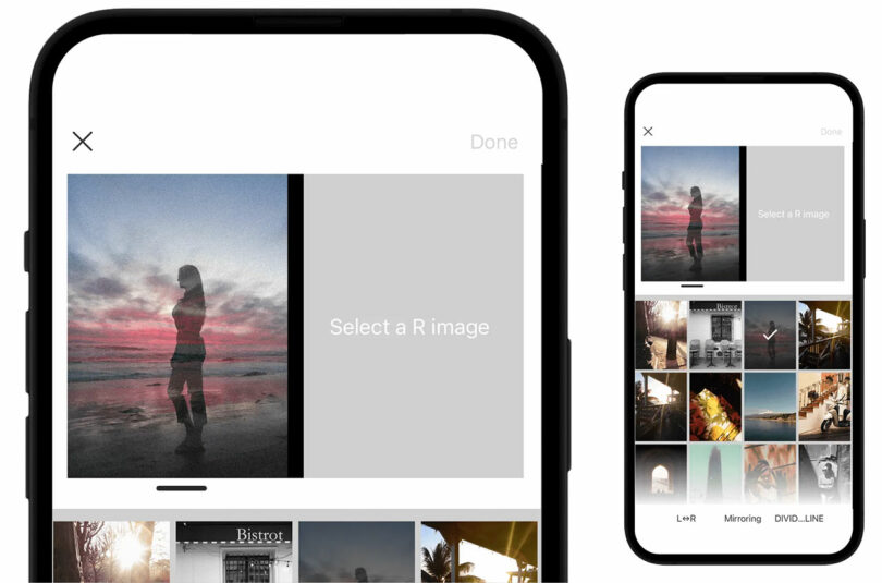 A smartphone screen displays a Fujifilm photo editing app with a split image: a person on a beach at sunset on the left and a prompt to select an image on the right.