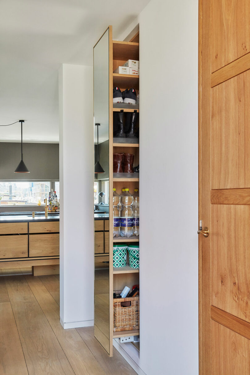 A tall, narrow pull-out pantry with shelves holding shoes, cleaning supplies, bottles, and baskets is built into the wall beside a wooden door in a modern kitchen.