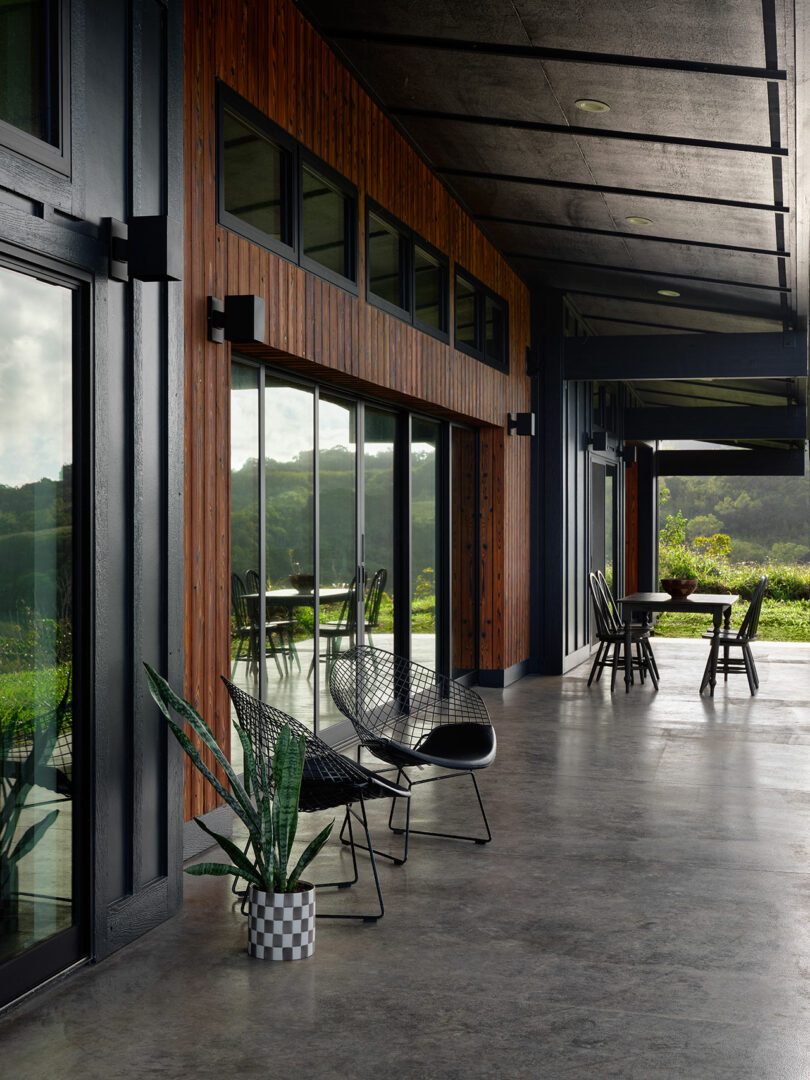 A modern covered patio with metal chairs, a potted plant, large glass doors, and a view of greenery in the background.