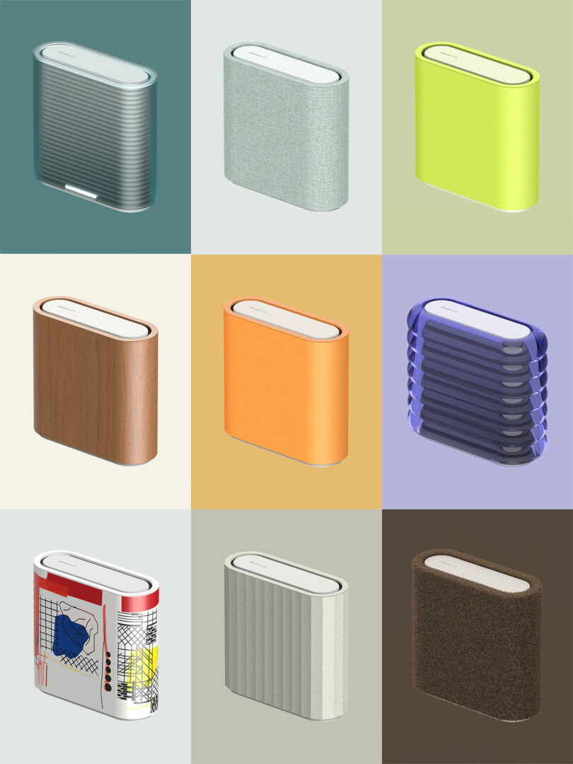 A vibrant 3x3 grid of nine rectangular, modern air purifiers, each featuring a unique color and texture—metallic, wood, fabric, plastic, and patterned finishes—that bring style to any space.