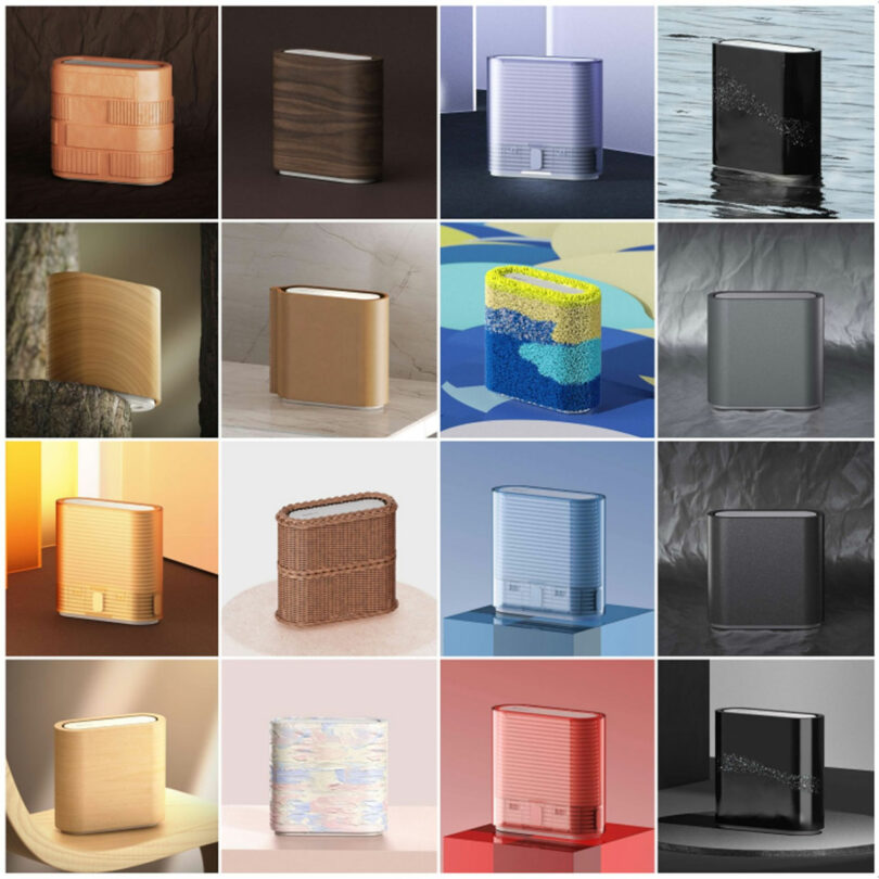 A vibrant 4x4 grid of modern rectangular objects, each featuring a unique texture or material such as wood, metal, wicker, foam, plastic, and reflective surfaces, displayed in various settings.