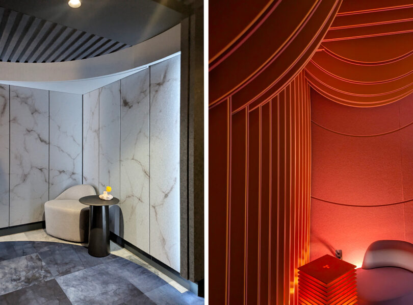 Side-by-side view of two modern lounge areas, one with white marble walls and neutral lighting, the other with curved panels and warm red lighting.