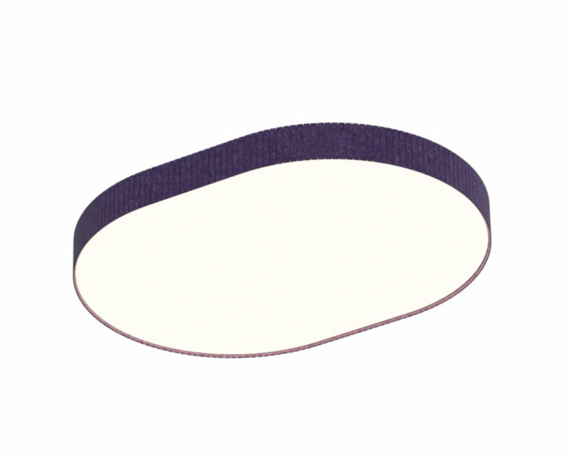 A purple abrasive sanding belt in an oval loop shape with a white inner surface, isolated on a white background.