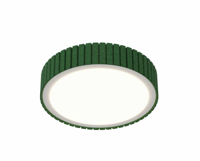 Round ceiling light with a white diffuser and a textured, dark green outer rim.