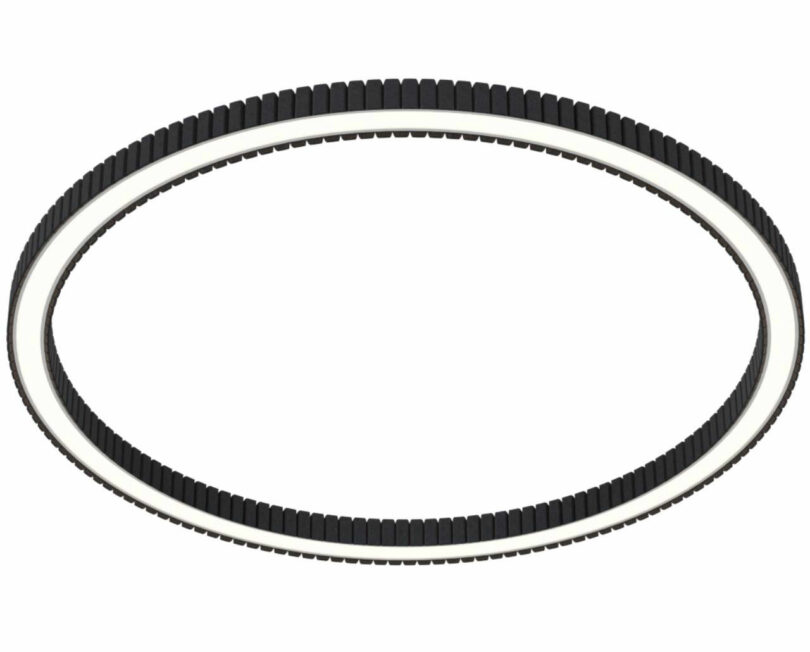 A black, circular, ridged ring with a white inner edge is shown against a white background.