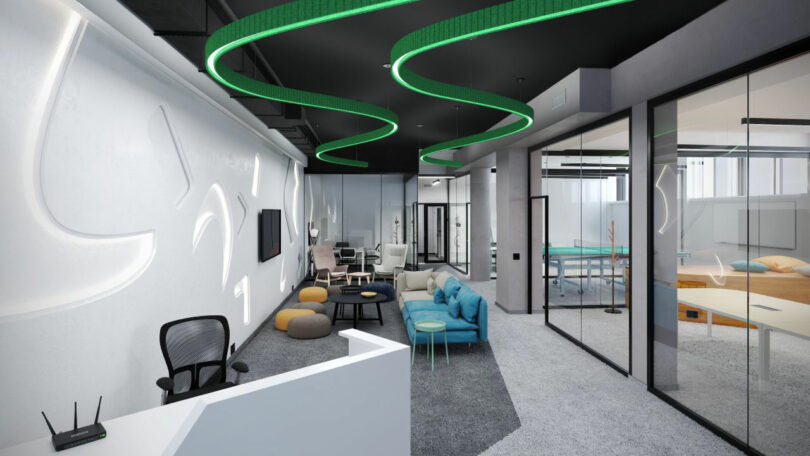 Modern office space with glass-walled meeting rooms, lounge seating, a ping pong table, and green LED ceiling lights.
