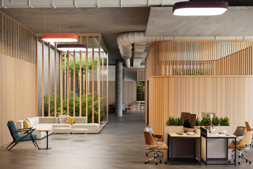 Modern open-plan office with wooden accents, indoor plants, a seating area with sofas, and workstations with chairs and computers. Large windows provide natural light.