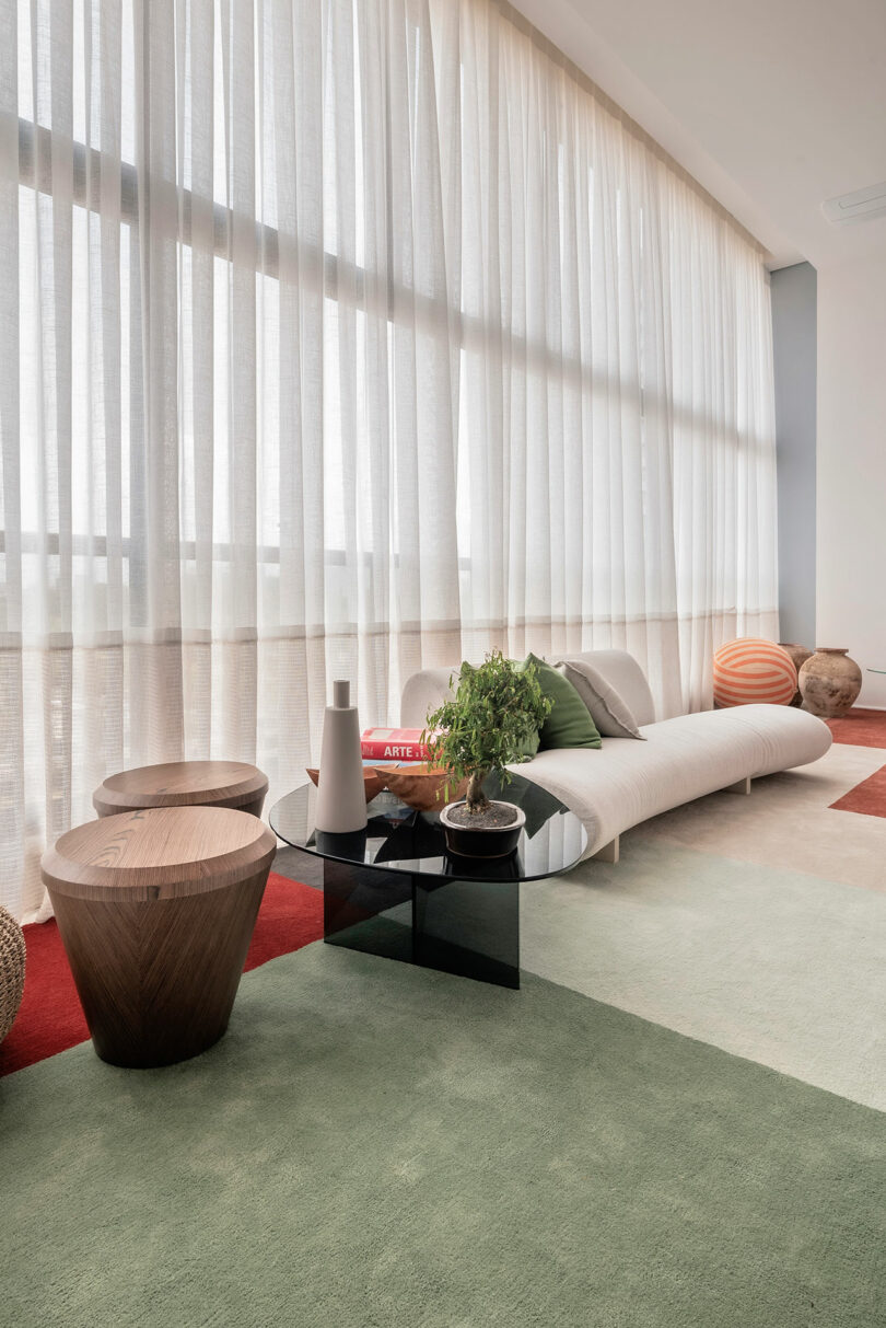 Modern living room with sheer floor-to-ceiling curtains, minimalist sofa, circular wood tables, a glass coffee table with books and a plant, and a patterned area rug.