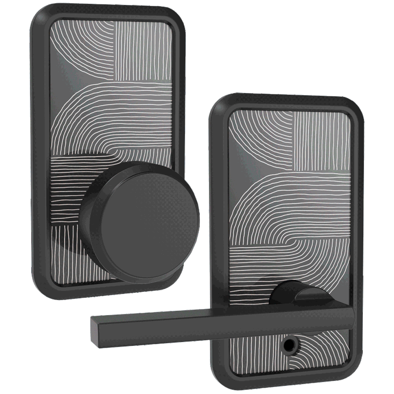 Two modern black smart locks, featuring Pin & Tumbler Schlage designs, are displayed side by side—one with a round knob and one with a horizontal lever—against a plain light background.