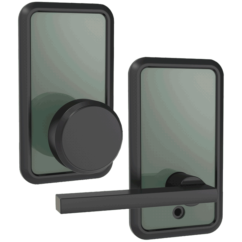 Two modern black smart locks, featuring Pin & Tumbler Schlage designs, are displayed side by side—one with a round knob and one with a horizontal lever—against a plain light background.